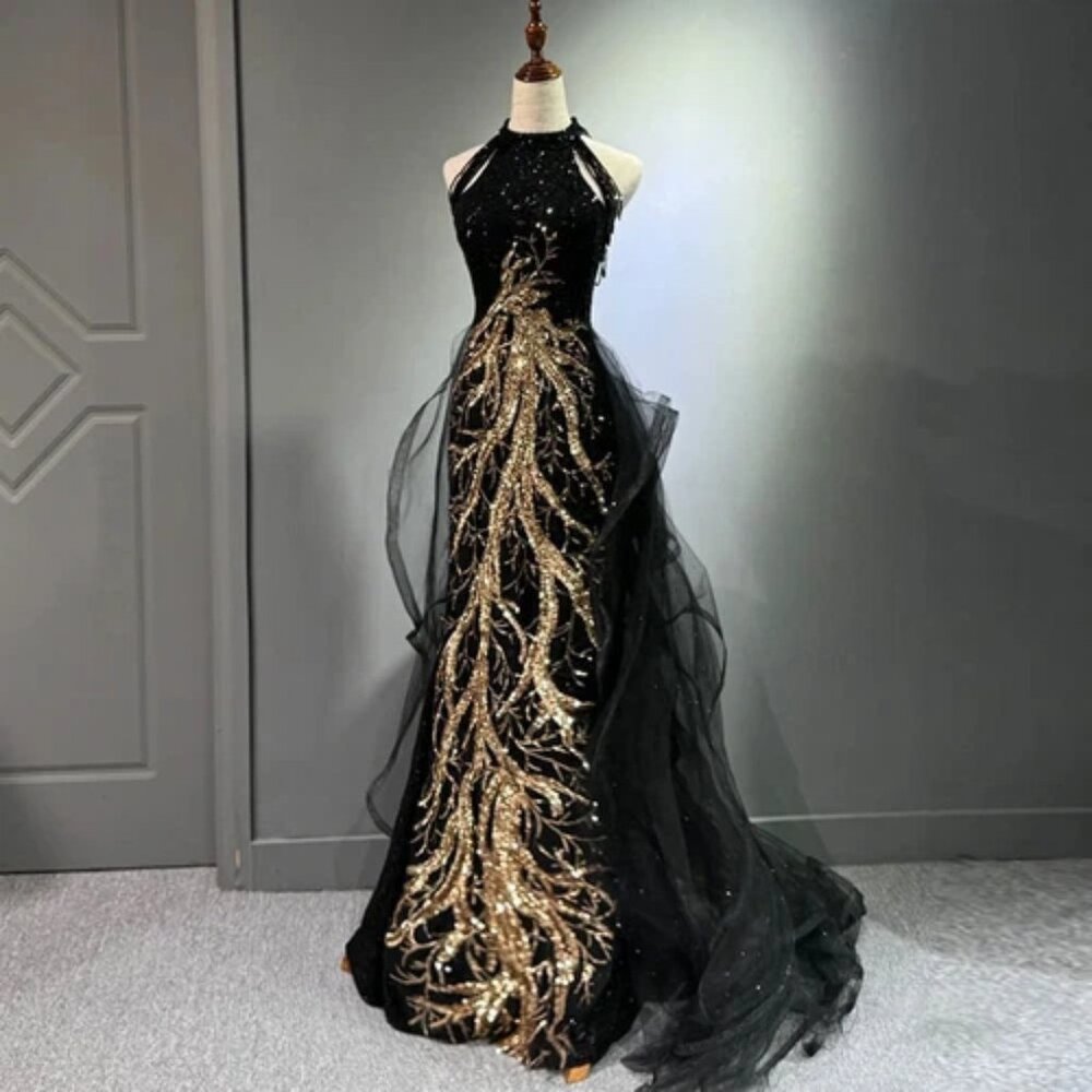 Evening Dress Black Temperament Hanging Neck Fishtail Dress Cocktail Toast Dress